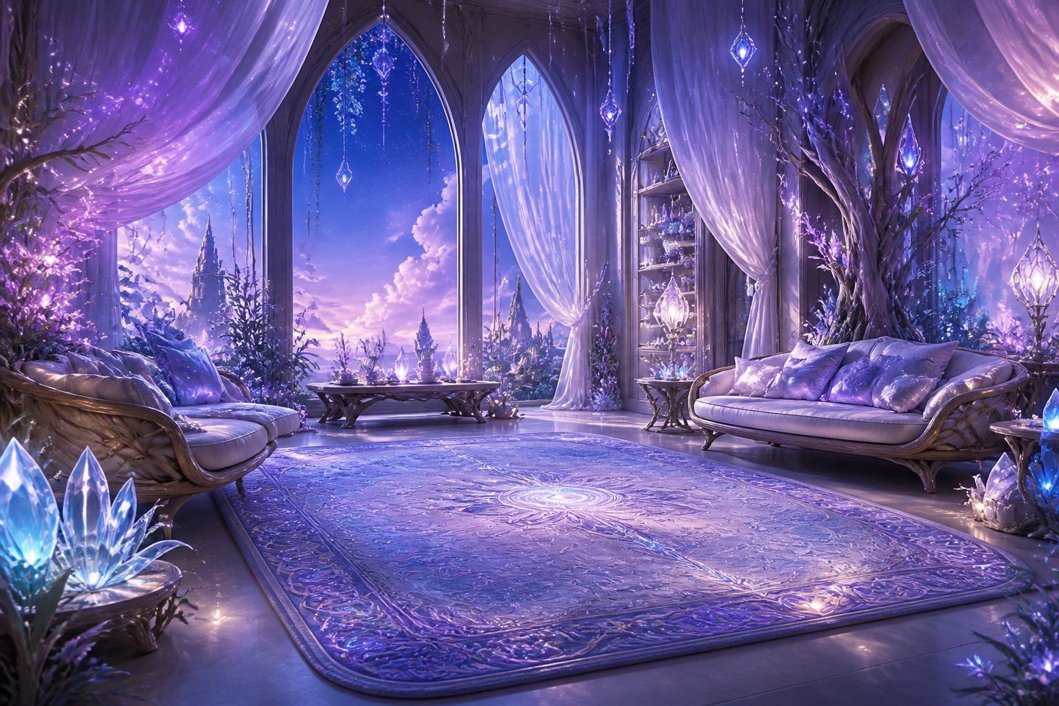 Un salon calme avec un tapis lumineux au centre, entouré de meubles délicats et de plantes brillantes, avec une grande fenêtre donnant sur un ciel étoilé.